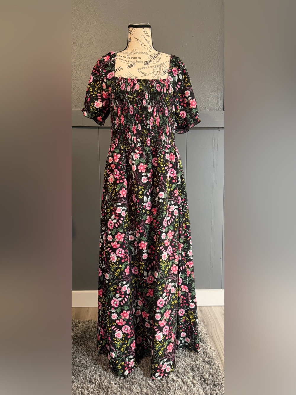 BloomChic Black Floral Smocked Dress with Pink & Green Accents